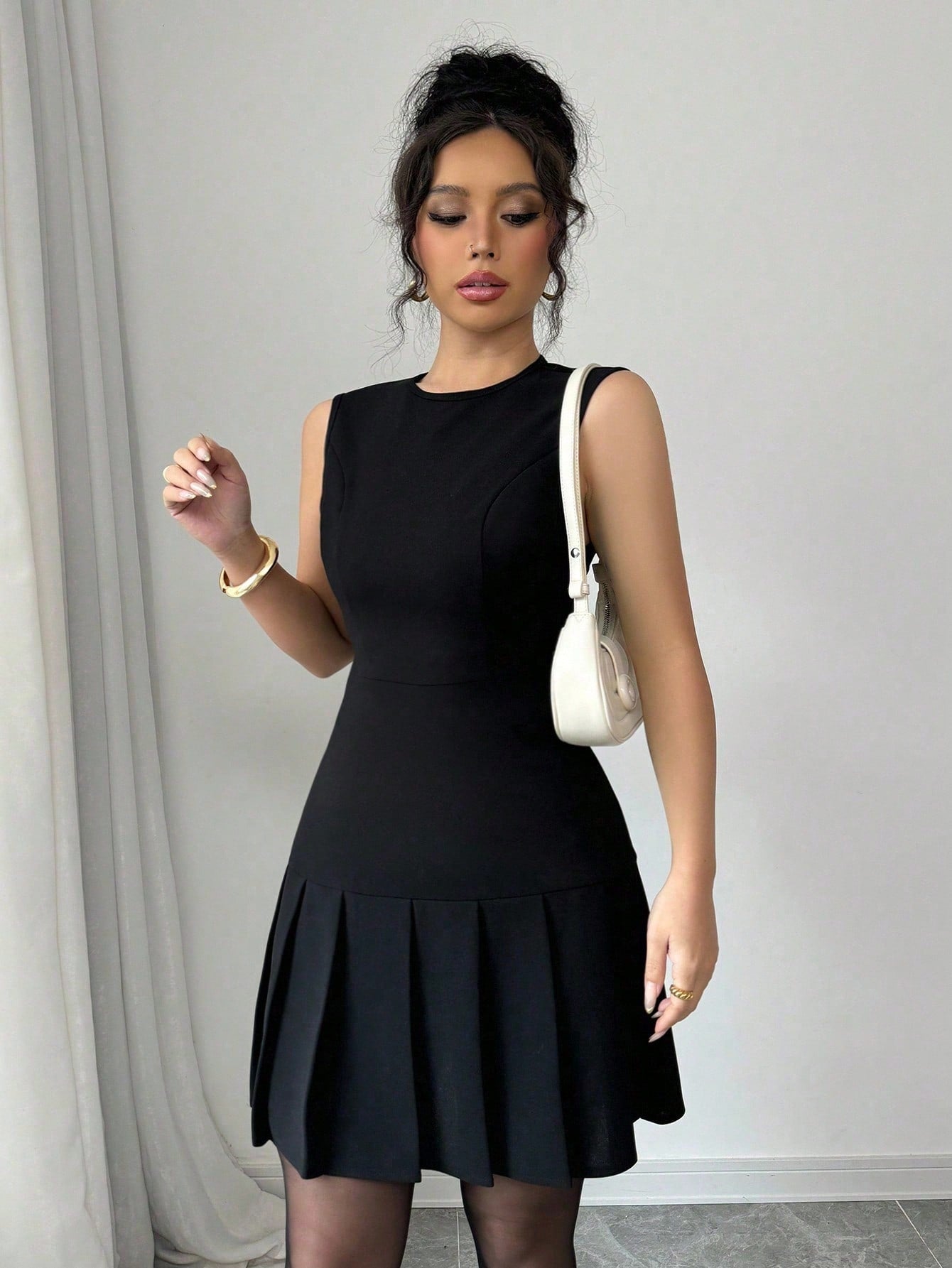 Women’s Woven Fabric Mini Dress, Pleated Design with Defined Waist Detail, 1 Piece, For Everyday Wear