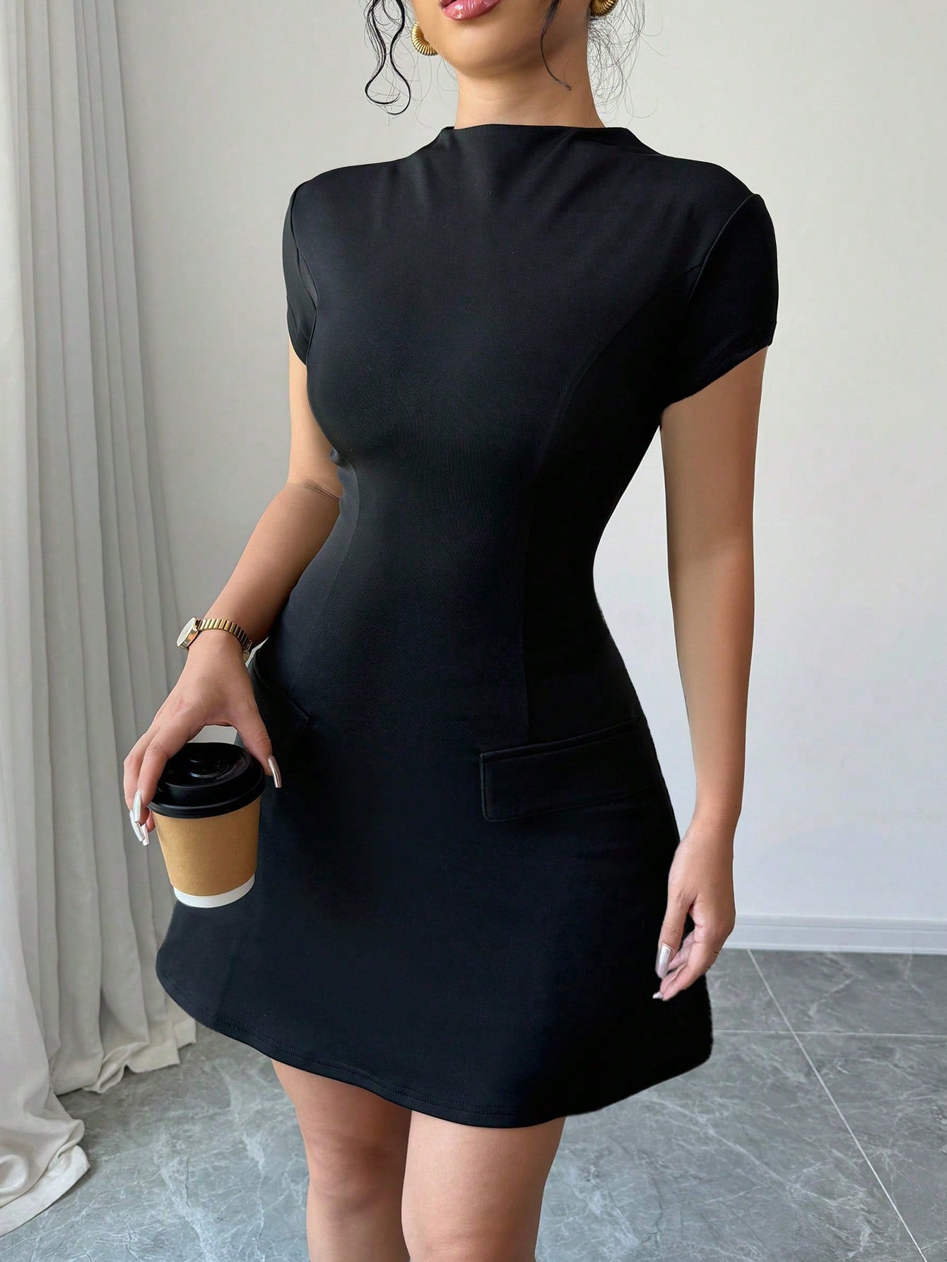 Black Stand Collar Dress with Cinched Waist Pocket Design Flap Detail and Back Zipper Short Length for Everyday Wear