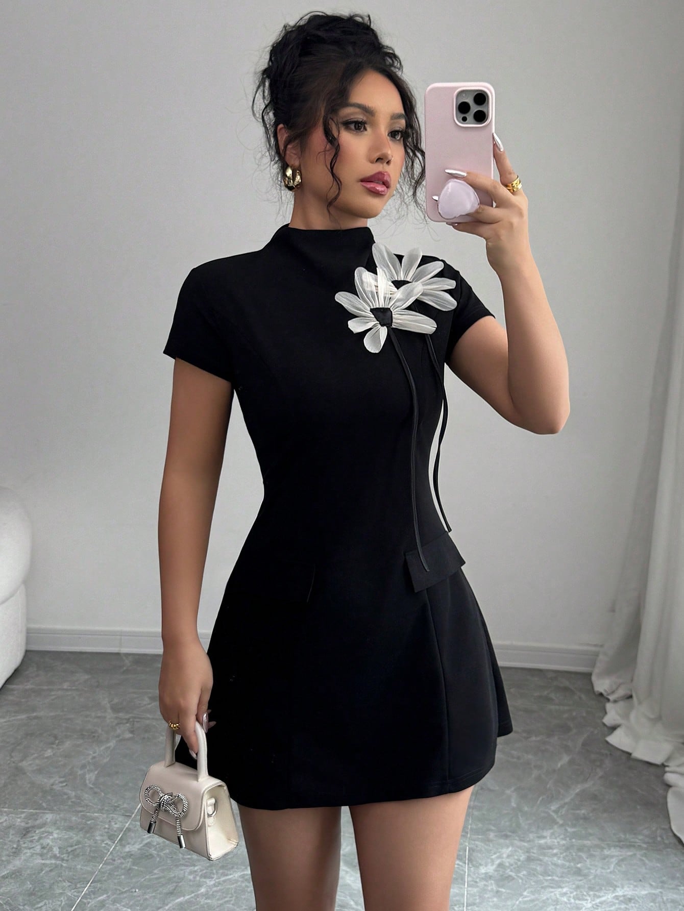 Women’s Woven Fabric A-Line Mini Dress, Vintage-Inspired Floral Decoration, 1 Piece, For Daily Wear