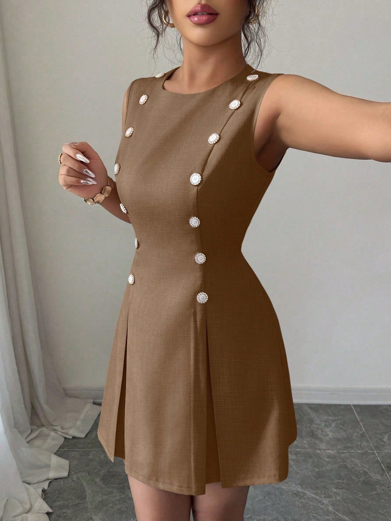 Women’s Woven Fabric Mini Skirt, Button Front Design, Tie Waist Detail, Decorative Buckle Accent, 1 Piece, For Daily Wear