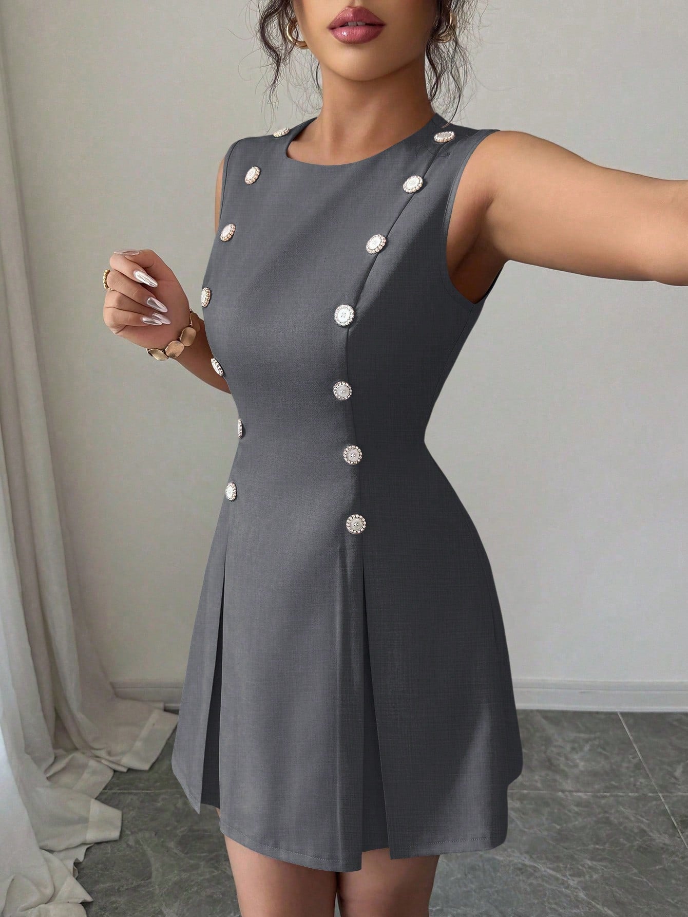 Women’s Woven Fabric Mini Skirt, Button Front Design, Tie Waist Detail, Decorative Buckle Accent, 1 Piece, For Daily Wear