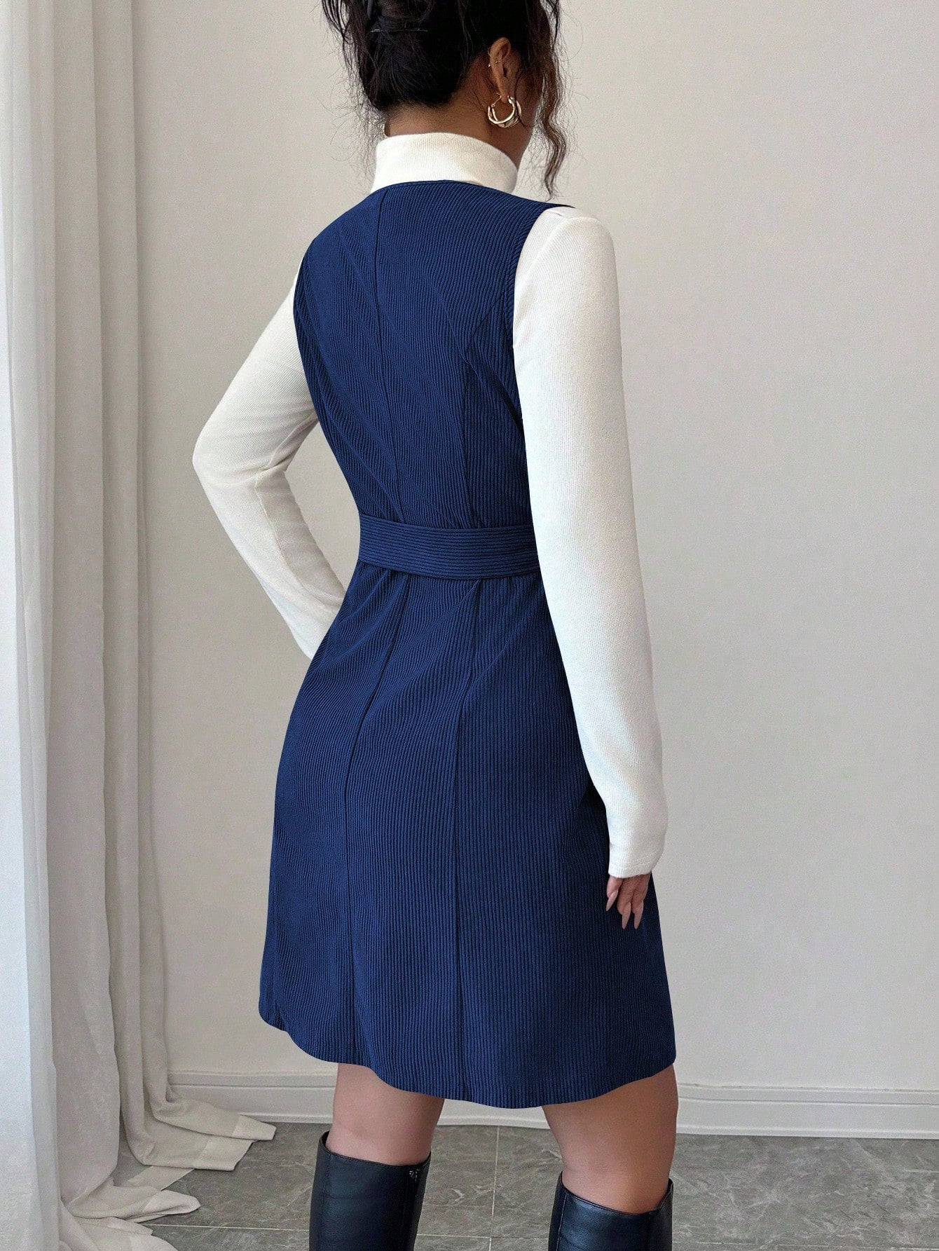 Women’s Textured Fabric Mini Dress, Sleeveless V-Neck Design with Button Detail, 1 Piece, For Daily Wear