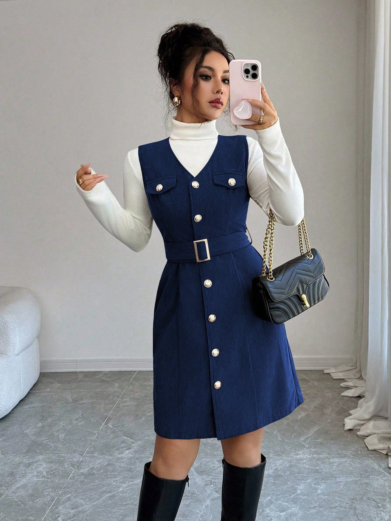 Women’s Textured Fabric Mini Dress, Sleeveless V-Neck Design with Button Detail, 1 Piece, For Daily Wear