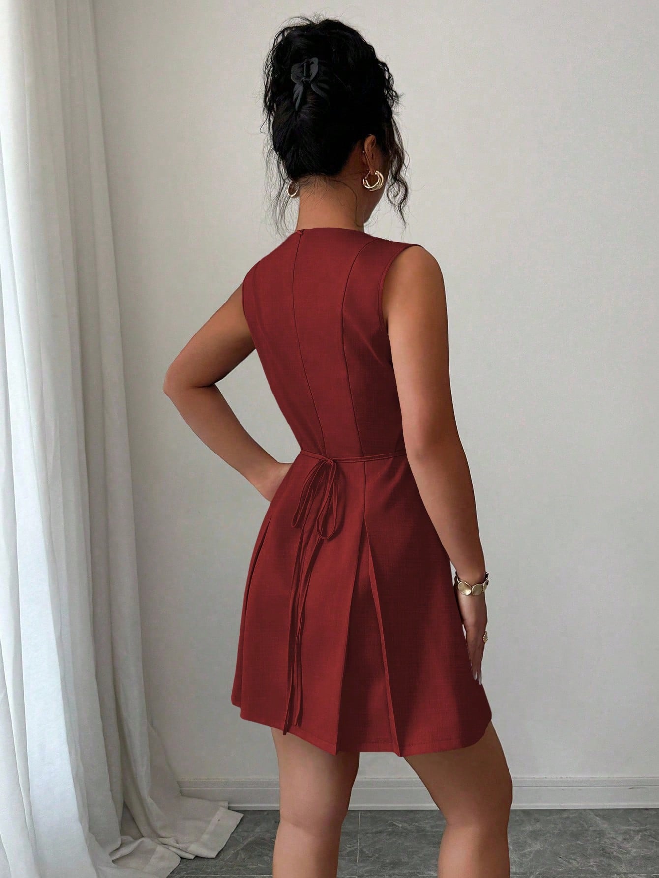 Women’s Woven Fabric Mini Skirt, Button Front Design, Tie Waist Detail, Decorative Buckle Accent, 1 Piece, For Daily Wear