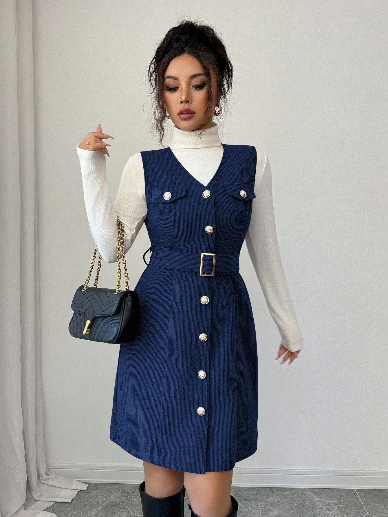 Women’s Textured Fabric Mini Dress, Sleeveless V-Neck Design with Button Detail, 1 Piece, For Daily Wear