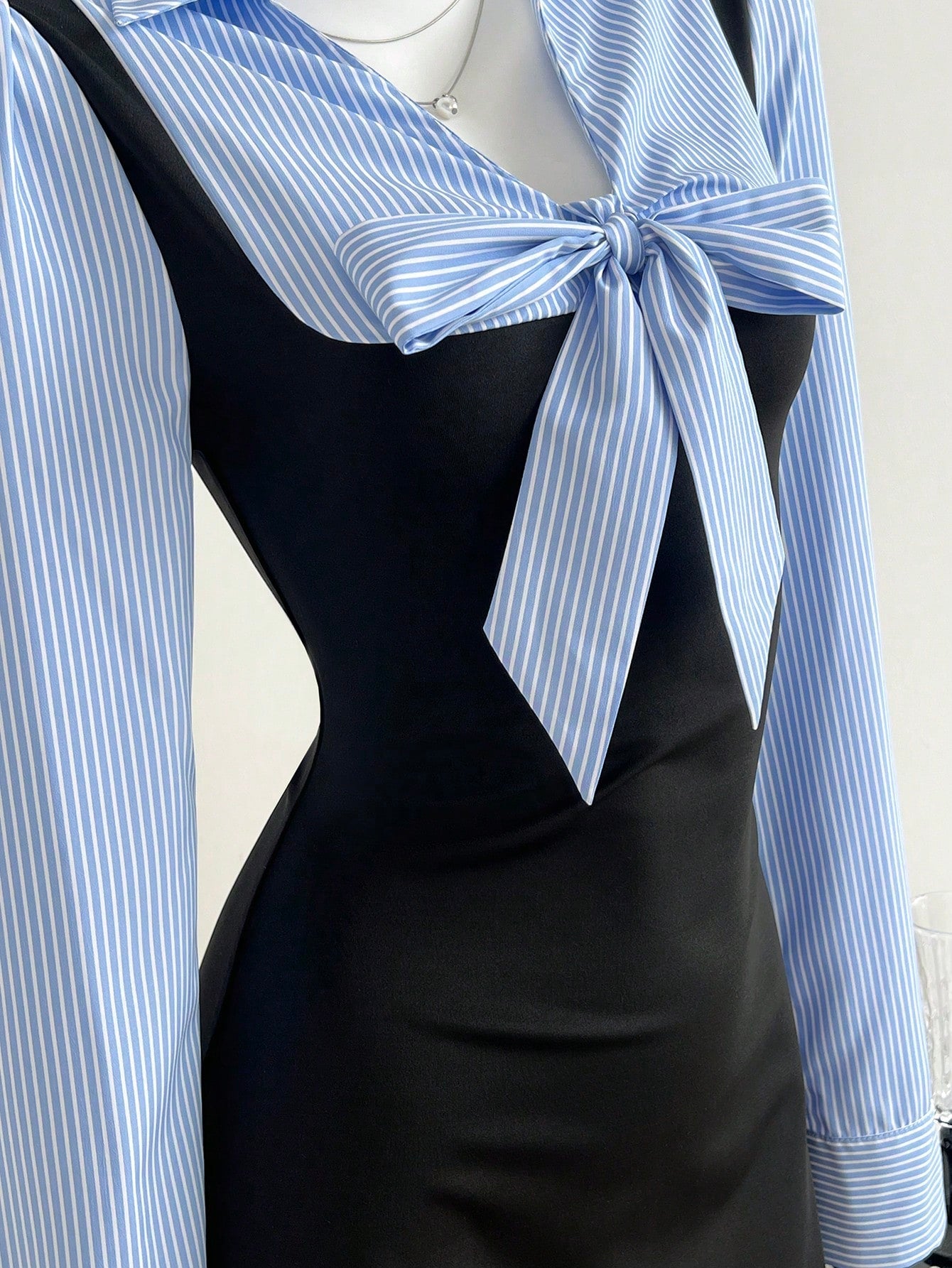 Women’s Woven Fabric Short Dress, Long Sleeve Design with Tie Detail, Color Block Striped Pattern, 1 Piece, For Autumn and Winter Wear