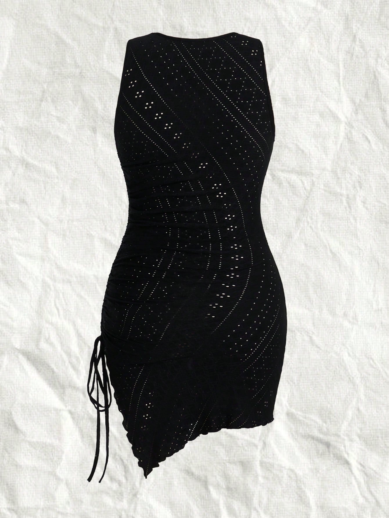Knitted Fabric Dress Black Color Single Piece Drawstring Detail Sleeveless Design For Casual Wear
