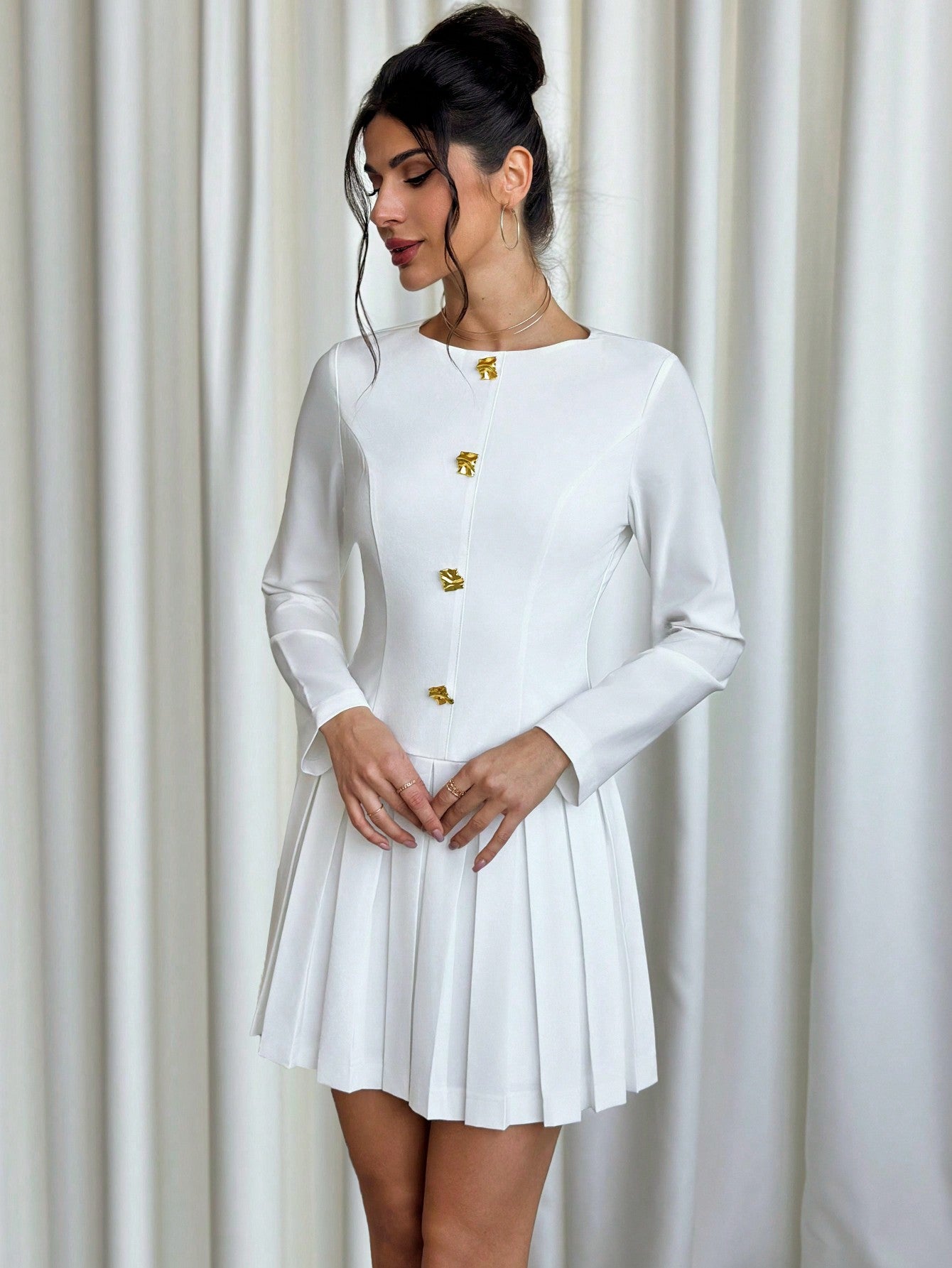 Women’s Woven Fabric A-Line Mini Dress, Long Sleeve Round Neck Design, Pleated Hem Detail, 1 Piece, For Work and Daily Wear