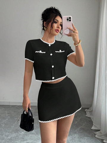 Women’s Two-Piece Set, Short Sleeve Button Top and Matching Skirt, Contrast Trim Detail, 2 Pieces, For Everyday Wear