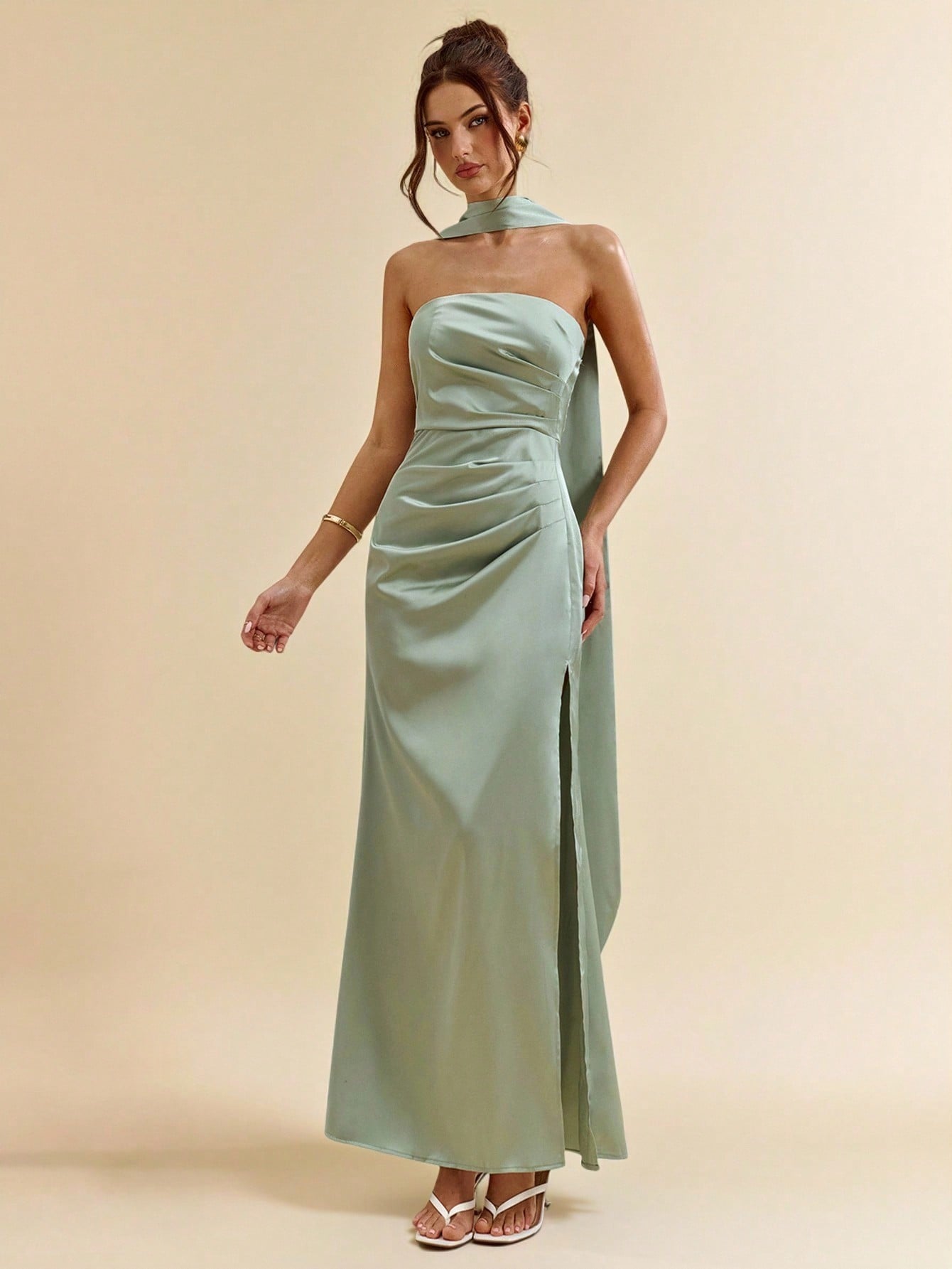 Green Halter Ribbon Backless High Slit Satin Mermaid Dress for Weddings and Special Events