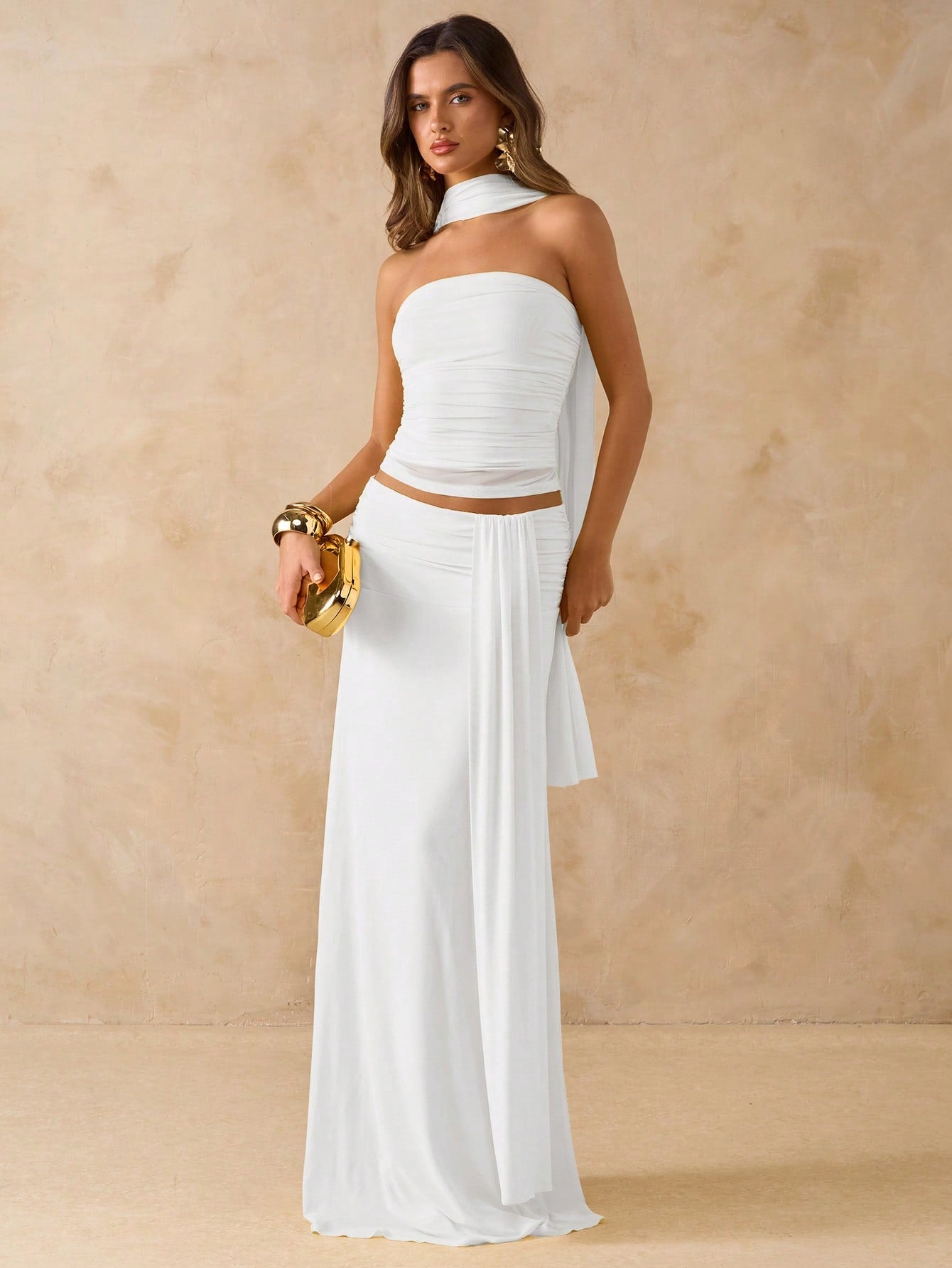2-Piece Pleated Bandeau Top and Low-Waist Pleated Flounce Maxi Skirt Set in Mesh Fabric for Beach and Vacation Wear