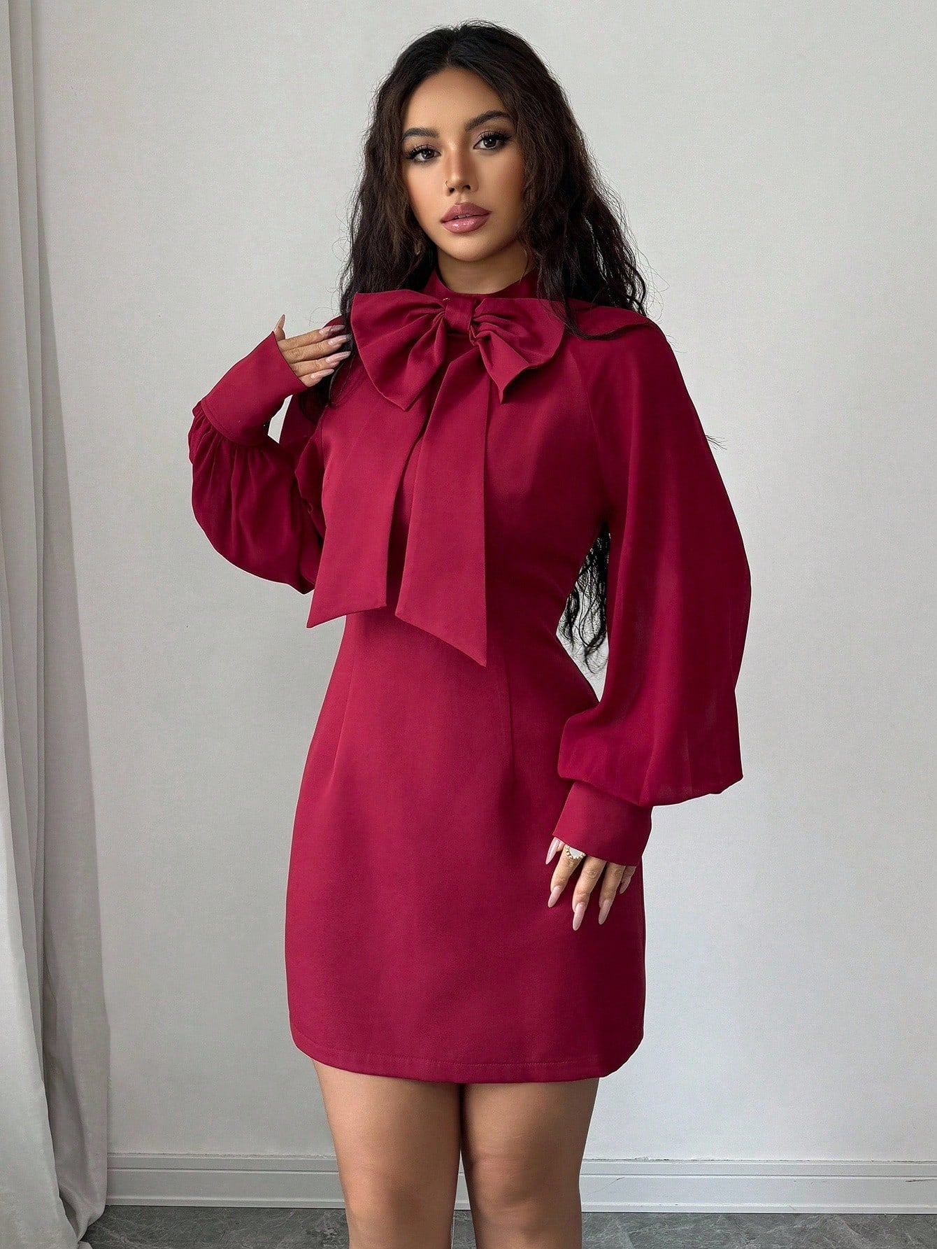Bow Knot Collar Lantern Sleeve Mini Dress with Clean Structured Design for Everyday Wear