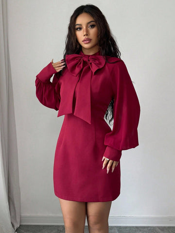 Bow Knot Collar Lantern Sleeve Mini Dress with Clean Structured Design for Everyday Wear