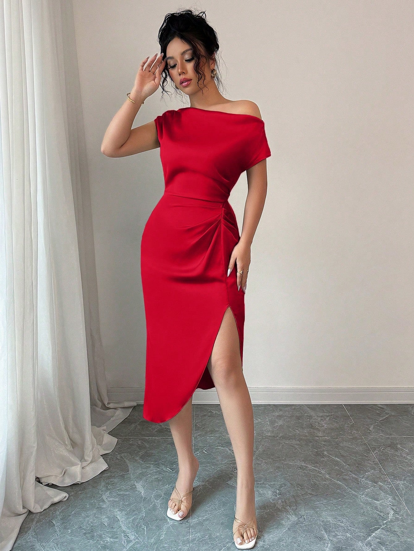 Asymmetric Neckline Ruched Satin Dress for Dates, Birthday Parties, Weddings, and Homecoming Events