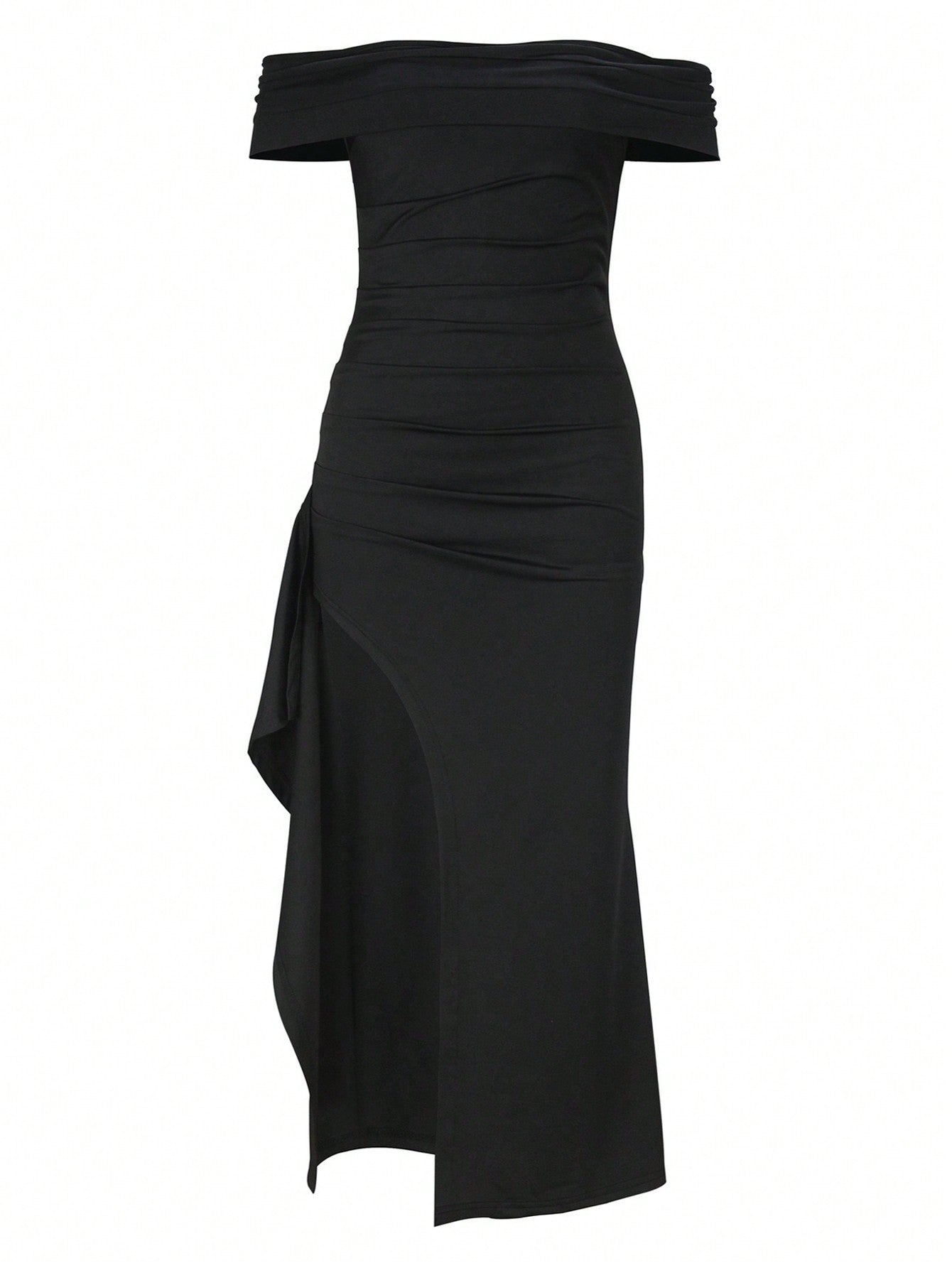 Off-Shoulder Ruched High Slit Long Dress with Rhinestone Detail for Spring and Fall Events