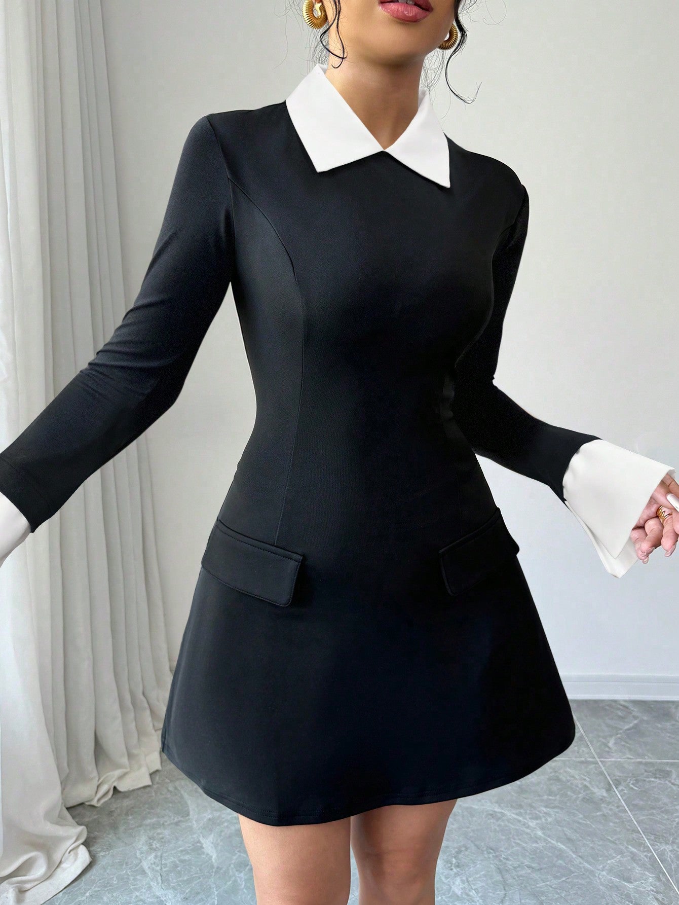 Women’s Woven Fabric Short Dress, Collared Long Sleeve Design with Cuff Detail and Faux Pocket, Color Block Pattern, 1 Piece, For Autumn Wear