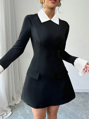 Women’s Woven Fabric Short Dress, Collared Long Sleeve Design with Cuff Detail and Faux Pocket, Color Block Pattern, 1 Piece, For Autumn Wear