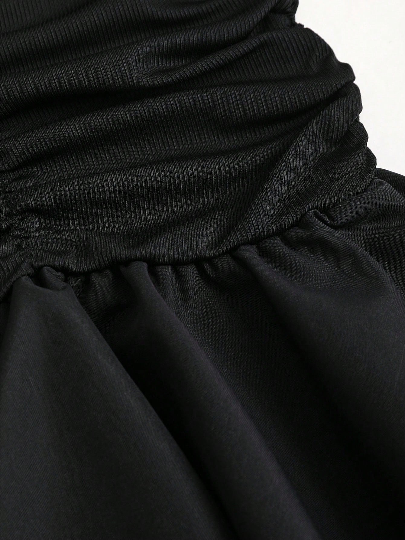 Patchwork Knit and Woven Mini Dress Black Color Single Piece V Neck Ruffle Detail Design For Casual Wear