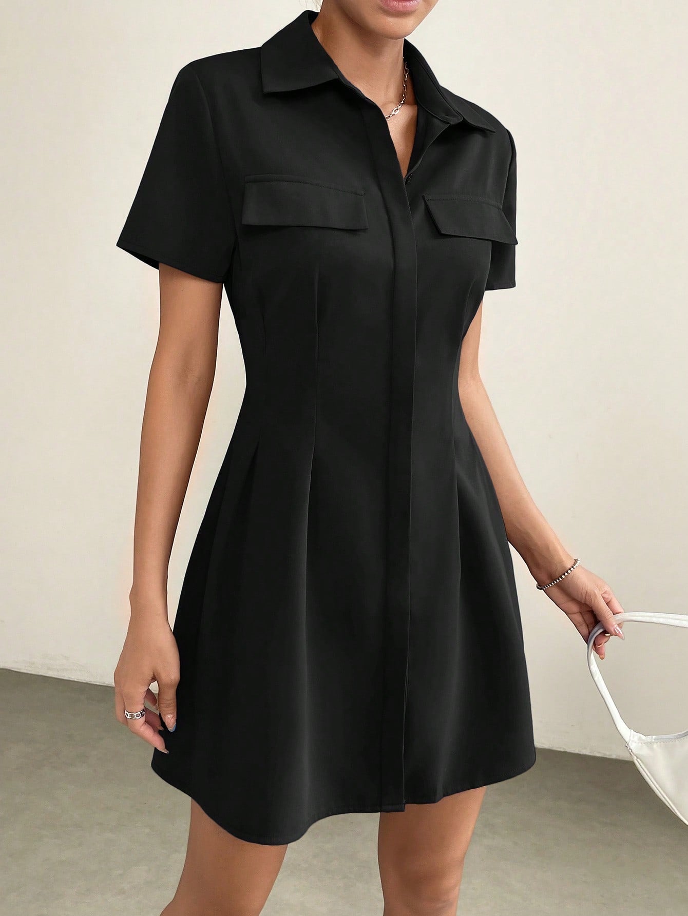 Women’s Woven Fabric Shirt Dress, Flap Pocket with Pleated Detail, 1 Piece, For Everyday Wear
