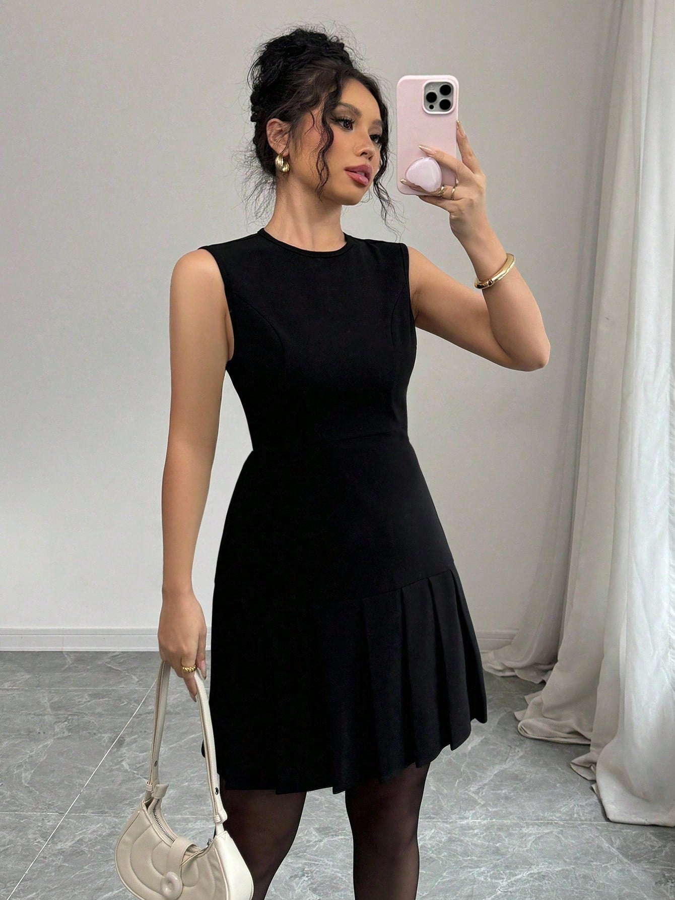 Women’s Woven Fabric Mini Dress, Pleated Design with Defined Waist Detail, 1 Piece, For Everyday Wear