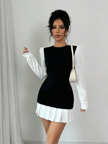 Women’s Woven Fabric Short Dress, Round Neck Pleated Design, Long Sleeve Style, 1 Piece, For Cooler Season Wear
