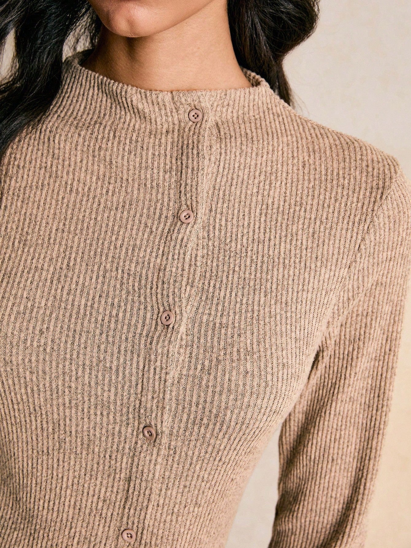 Women’s Knit Fabric Mini Dress, High Collar Design with Asymmetrical Button Detail, Long Sleeve Style, 1 Piece, For Casual Daily Wear