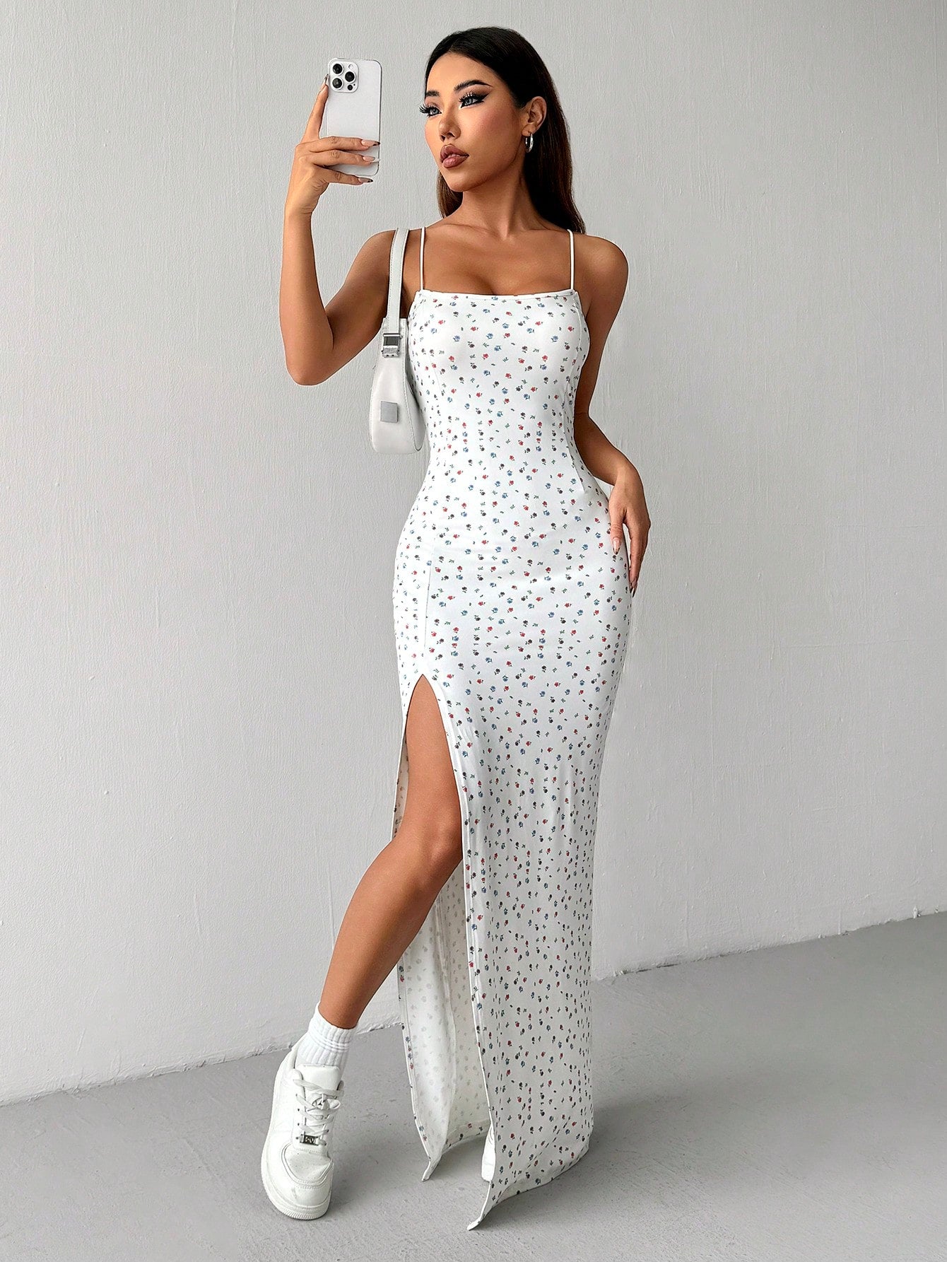 Floral Pattern Long Dress White Color Single Piece Sleeveless Cami Design For Daily Styling