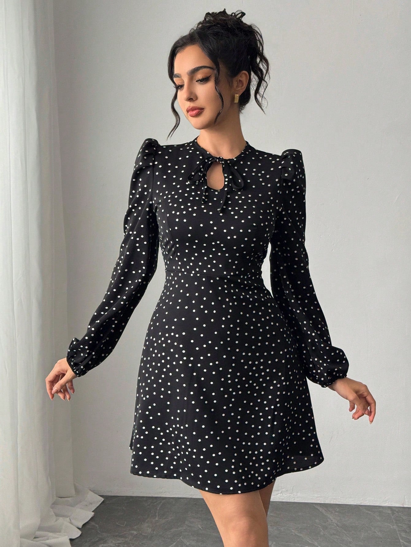 Women’s Woven Fabric Dress, Long Sleeve Design with Bow Detail, Polka Dot Pattern, 1 Piece, For Spring and Autumn Wear