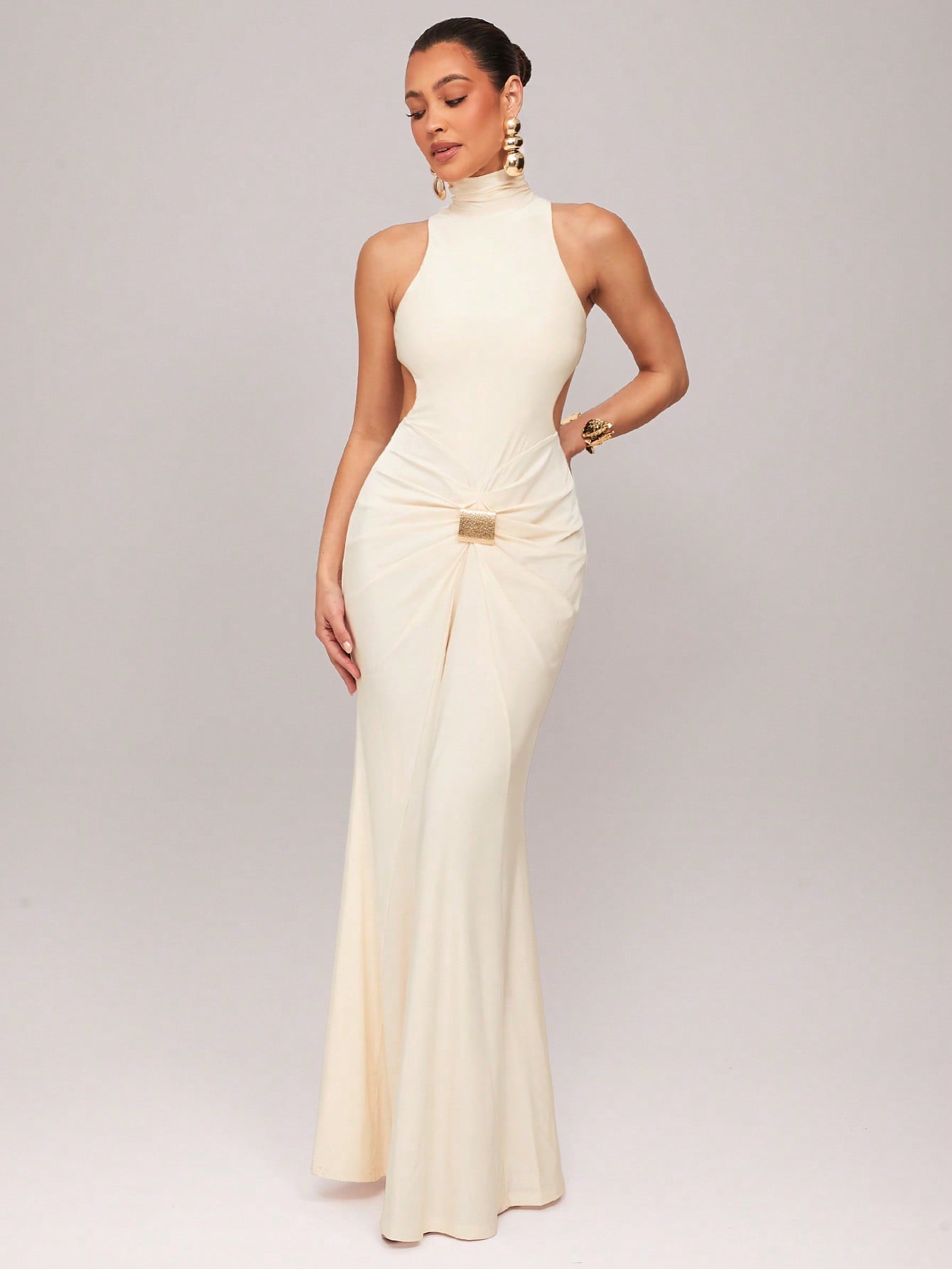 High Neck Long Sleeve Backless Knit Maxi Dress with Metal Buckle Decor for Cocktail, Formal, and Evening Events