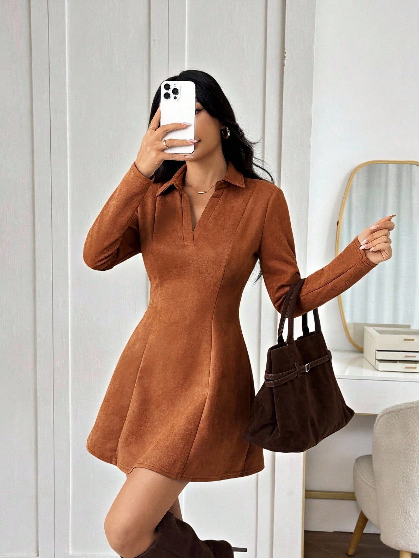 Women’s Suede-Style Fabric Short Dress, Long Sleeve Collared Design, A-Line Silhouette, 1 Piece, For Autumn Wear