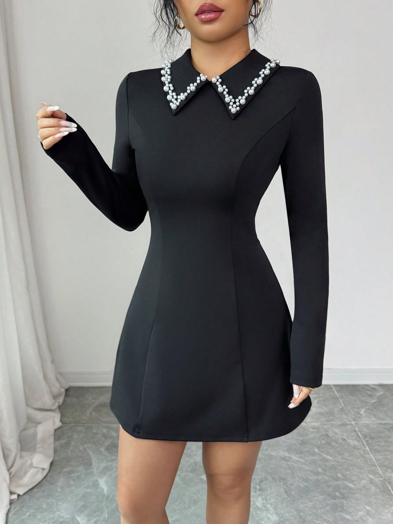 Women’s Woven Fabric A-Line Dress, Long Sleeve Small Collar Design, Decorative Accent Detail, Color Block Pattern, 1 Piece, For Daily and Work Wear