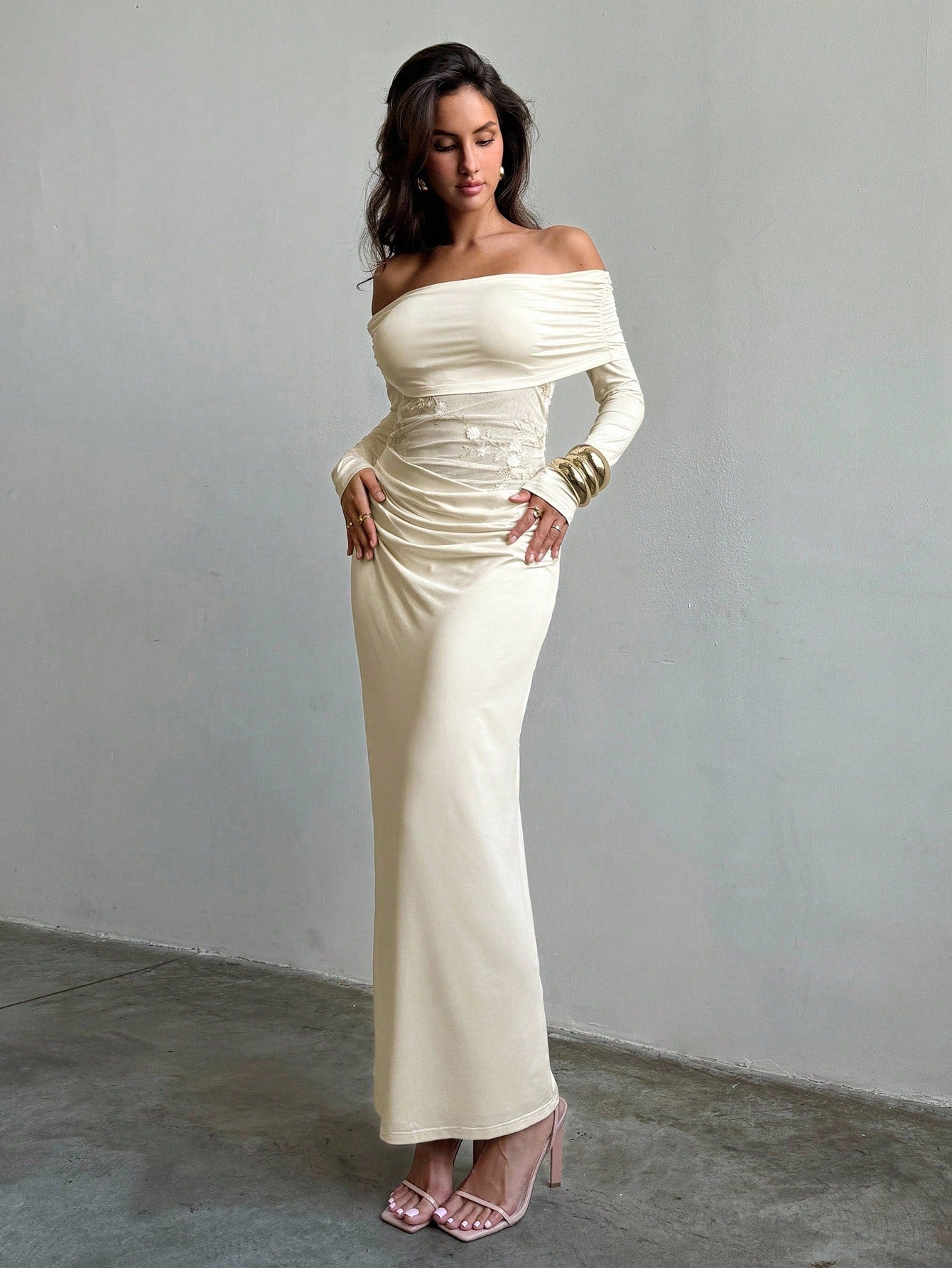 Off-Shoulder Waist Splice Embroidered Fitted Party Dress in Beige for Birthday, Wedding, and Evening Events