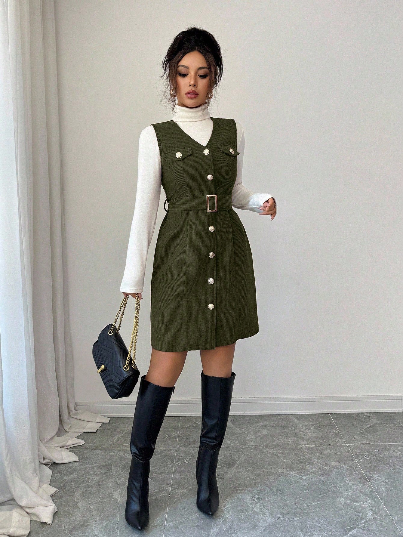 Women’s Textured Fabric Mini Dress, Sleeveless V-Neck Design with Button Detail, 1 Piece, For Daily Wear