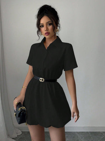 Women’s Woven Fabric Shirt-Style Mini Dress, Short Sleeve Design, Solid Pattern, 1 Piece, For Casual Wear