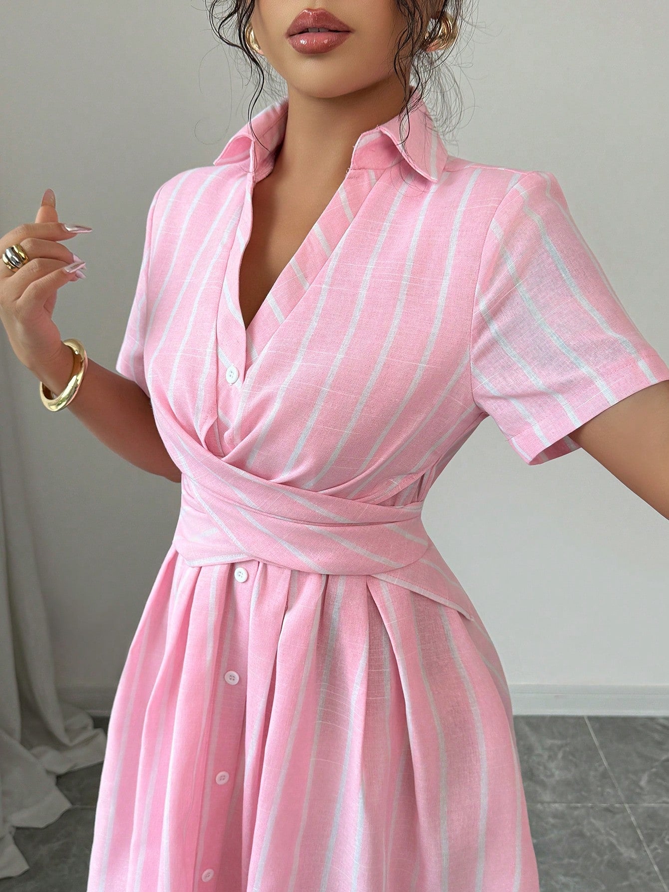 Women’s Woven Fabric Shirt-Style Dress, Short Sleeve Design with Tie Waist Detail, Striped Pattern, 1 Piece, For Summer Daily Wear