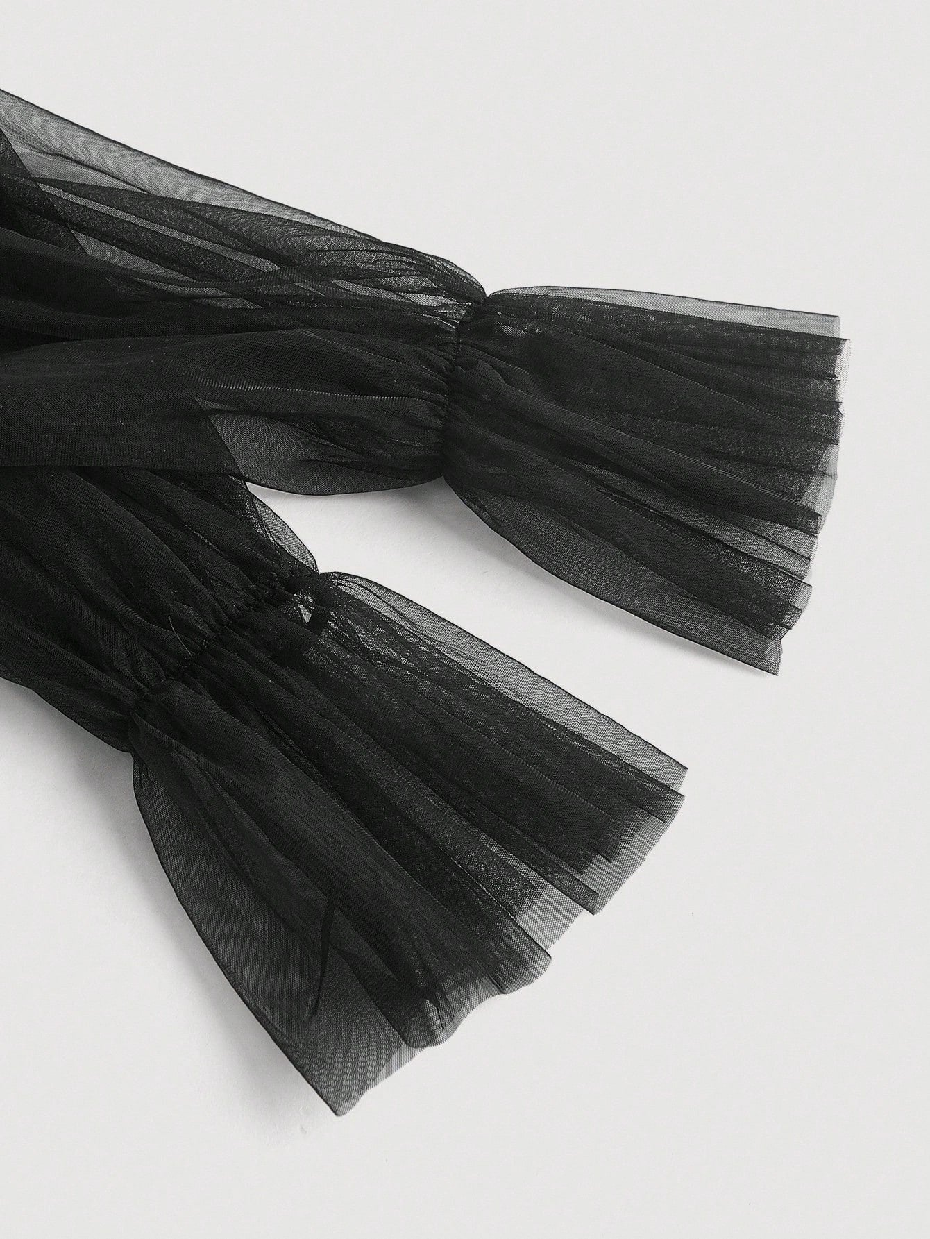 Black Long Sleeve Dress with Contrast Mesh Detail Flare Sleeves Tie Neck and High Collar Design