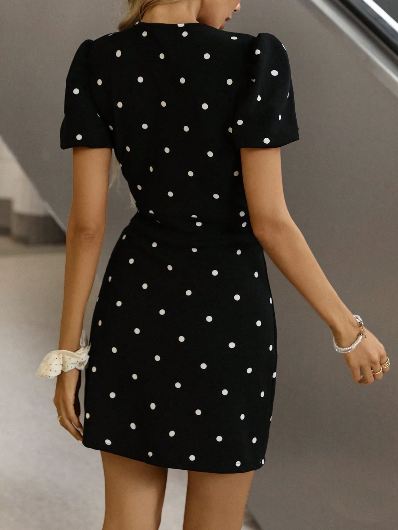 Women’s Woven Fabric Mini Dress, Polka Dot Print with Bow Detail, Short Puff Sleeve Design, Ruffle Hem, 1 Piece, For Daily Wear