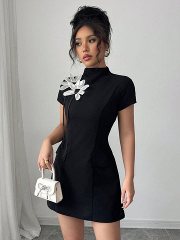 Women’s Woven Fabric A-Line Mini Dress, Vintage-Inspired Floral Decoration, 1 Piece, For Daily Wear
