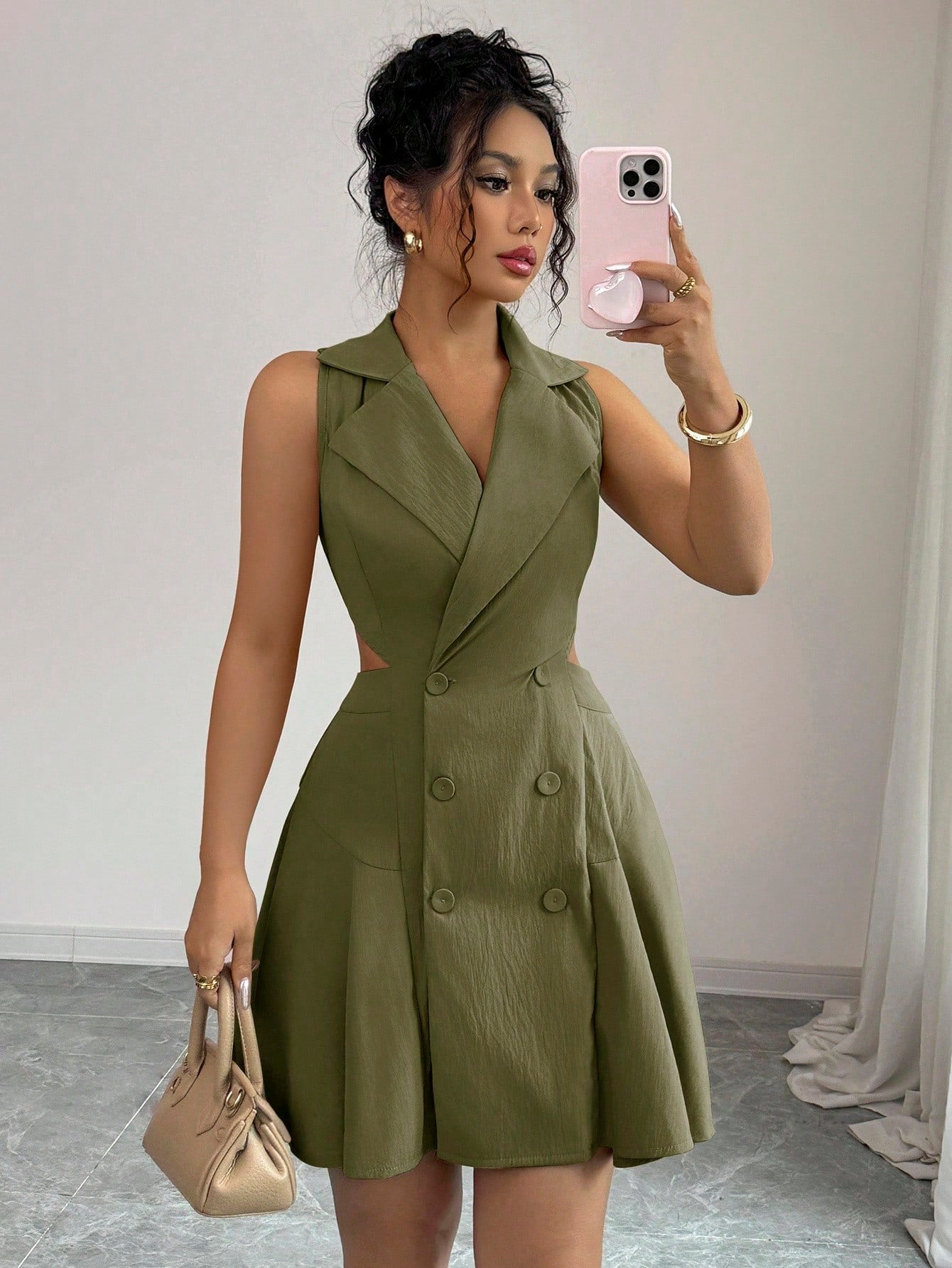 Women’s Woven Fabric Sleeveless Dress, Double Breasted Design, Solid Pattern, 1 Piece, For Commuting and Daily Wear