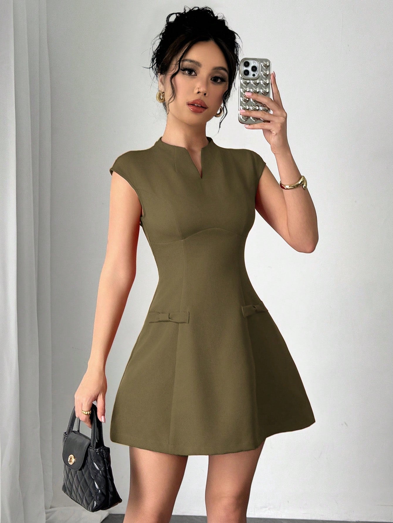 Women’s Woven Fabric A-Line Dress, Cap Sleeve Design, Bow Detail, 1 Piece, For Daily Wear