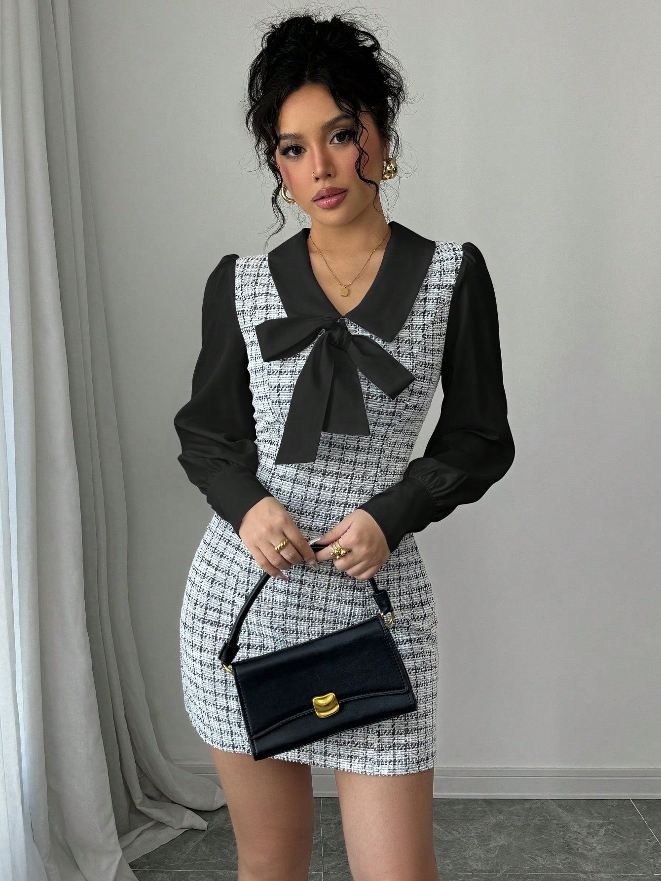 Women’s Woven Fabric Dress, Color Block Patchwork Design, Bow Detail, 2 In 1 Style, 1 Piece, For Autumn Wear