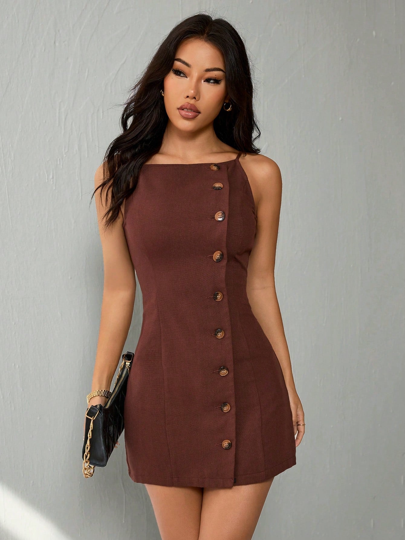 Women’s Woven Fabric Strap Mini Dress, Front Button Design, Solid Pattern, 1 Piece, For Casual and Daily Wear