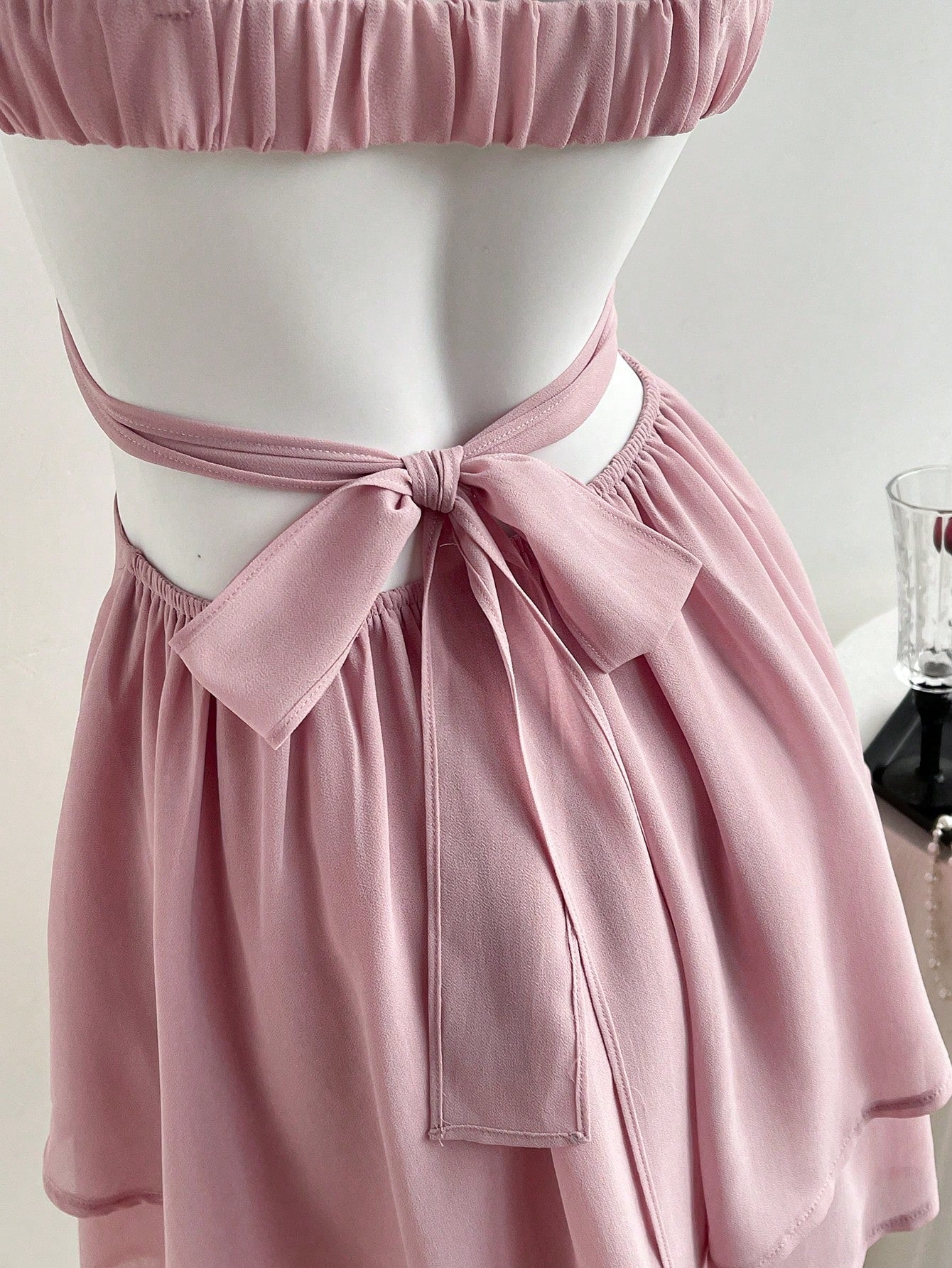 Solid Color Mini Dress Pink Color Single Piece Sleeveless Strap Design For Daily Styling