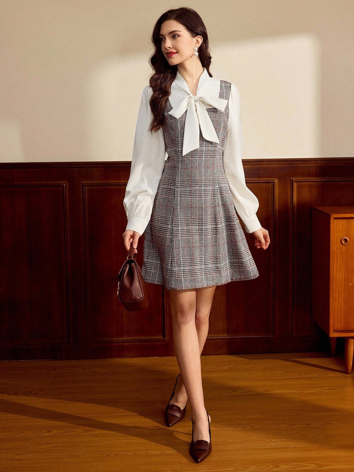 Women’s Woven Fabric Dress, Long Sleeve Collar Design, Plaid Pattern, 2 In 1 Style, 1 Piece, For Autumn and Winter Wear