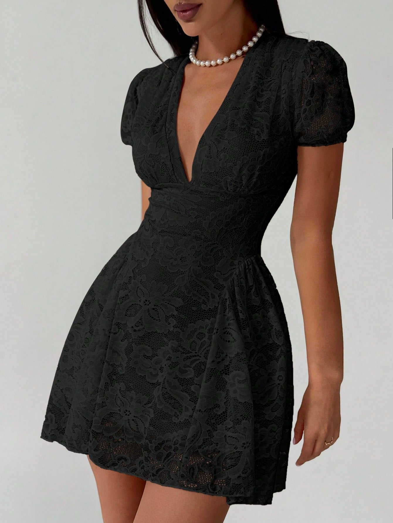 Women’s Woven Fabric Mini Dress, V-Neck Design with Puff Sleeve and Lace Detail, 1 Piece, For Spring and Summer Wear