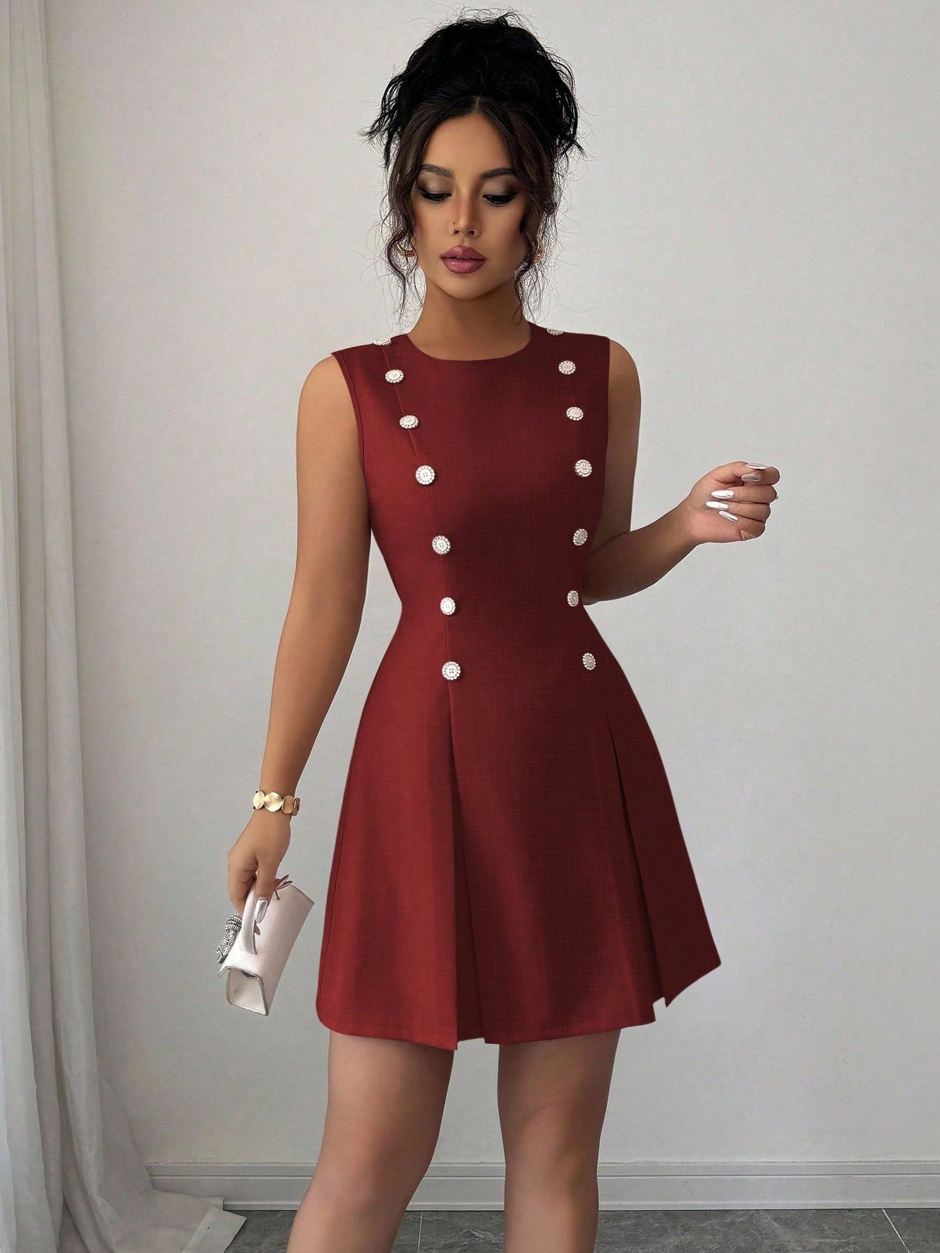 Women’s Woven Fabric Mini Skirt, Button Front Design, Tie Waist Detail, Decorative Buckle Accent, 1 Piece, For Daily Wear