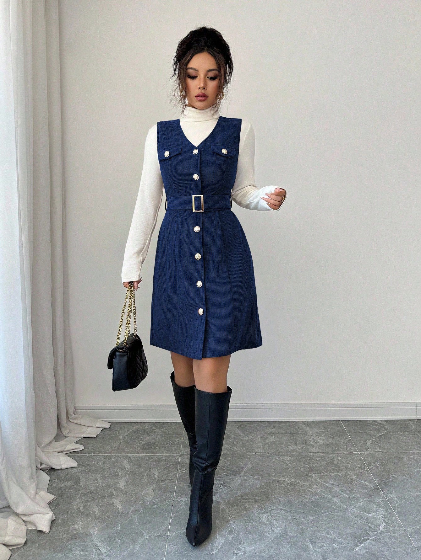 Women’s Textured Fabric Mini Dress, Sleeveless V-Neck Design with Button Detail, 1 Piece, For Daily Wear