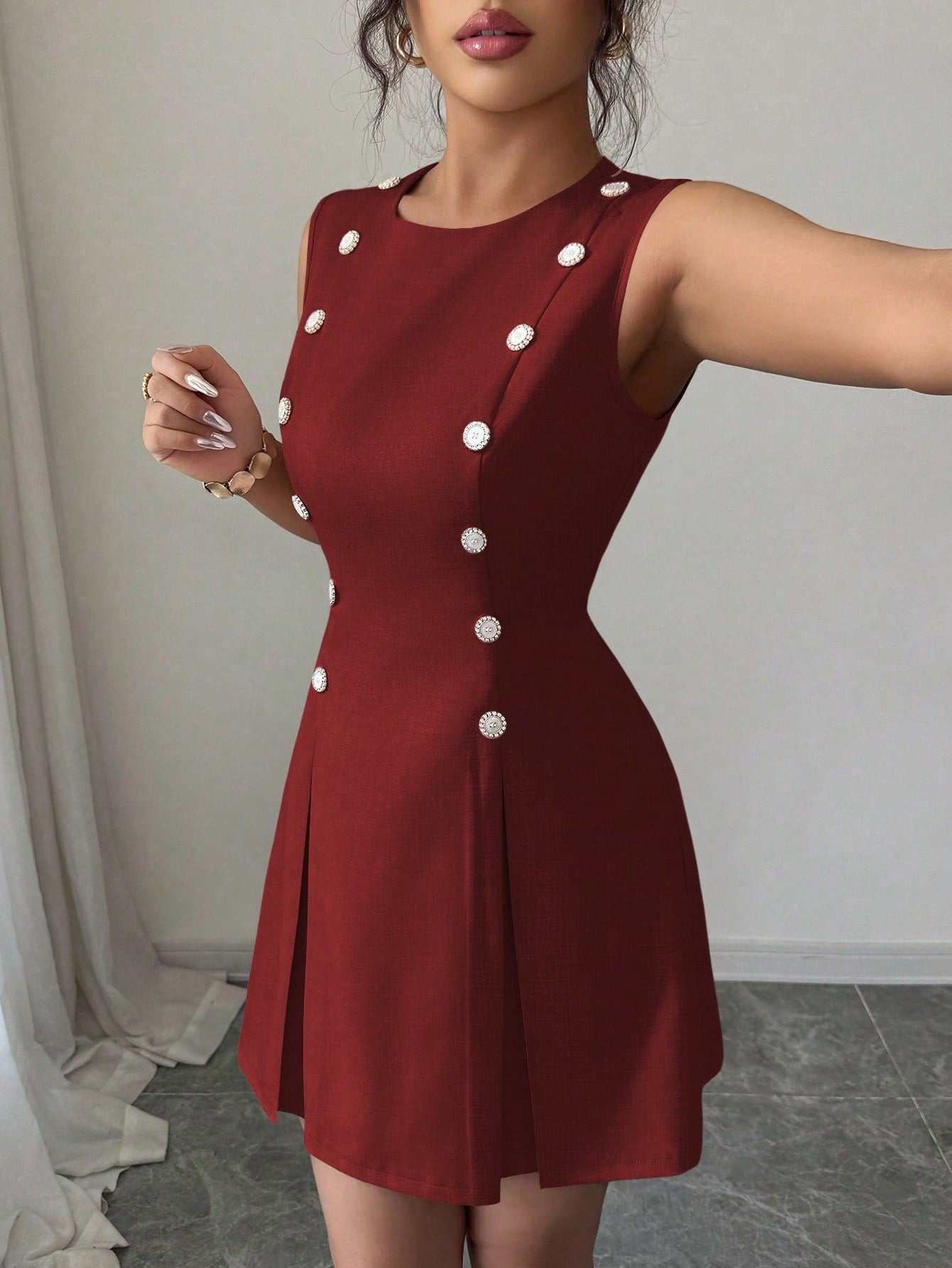 Women’s Woven Fabric Mini Skirt, Button Front Design, Tie Waist Detail, Decorative Buckle Accent, 1 Piece, For Daily Wear