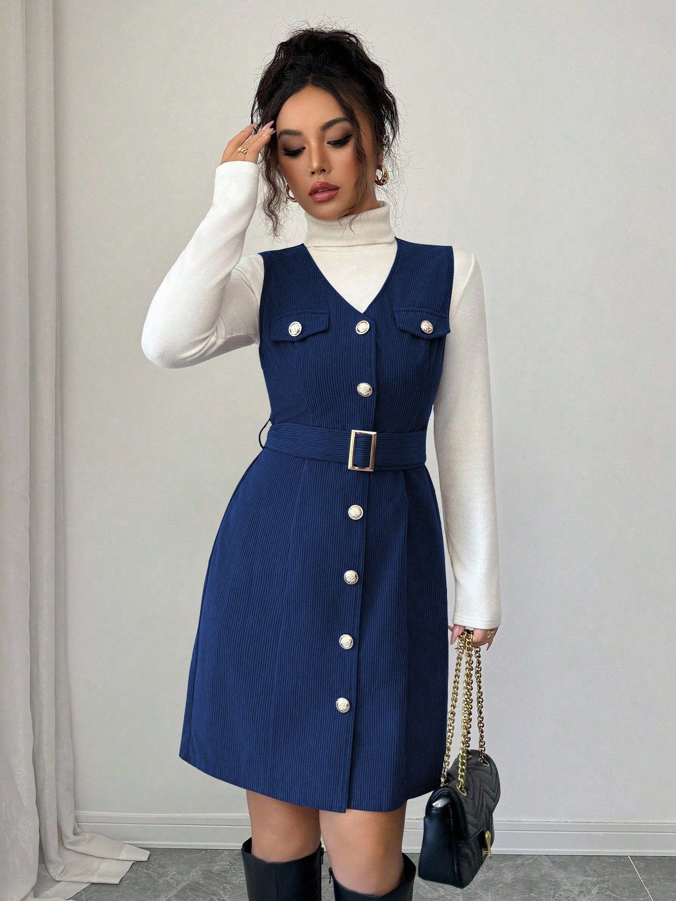 Women’s Textured Fabric Mini Dress, Sleeveless V-Neck Design with Button Detail, 1 Piece, For Daily Wear