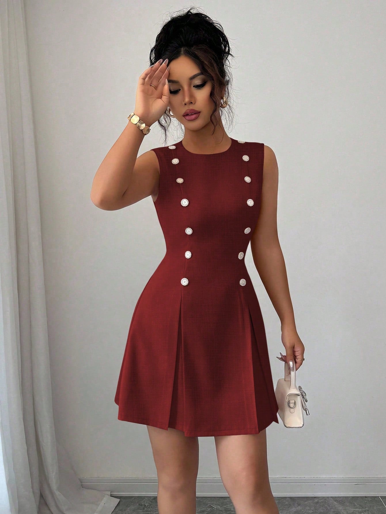 Women’s Woven Fabric Mini Skirt, Button Front Design, Tie Waist Detail, Decorative Buckle Accent, 1 Piece, For Daily Wear